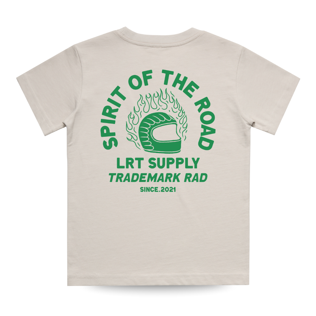 Beige t-shirt with green graphic and text on a white background