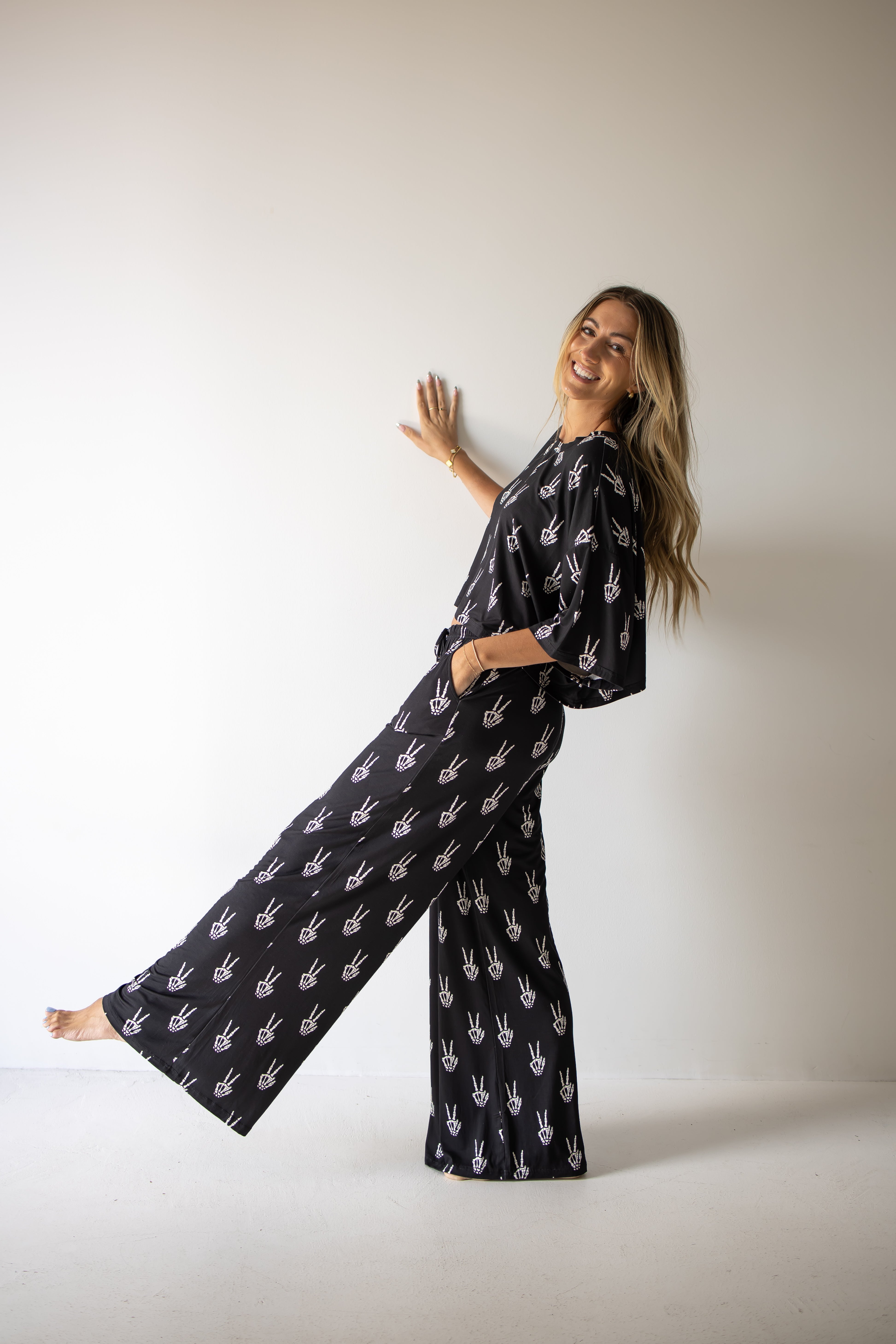 PRE- ORDER ships October 9th |Women's Bamboo Crop Tee Lounge Set | Midnight Skelly