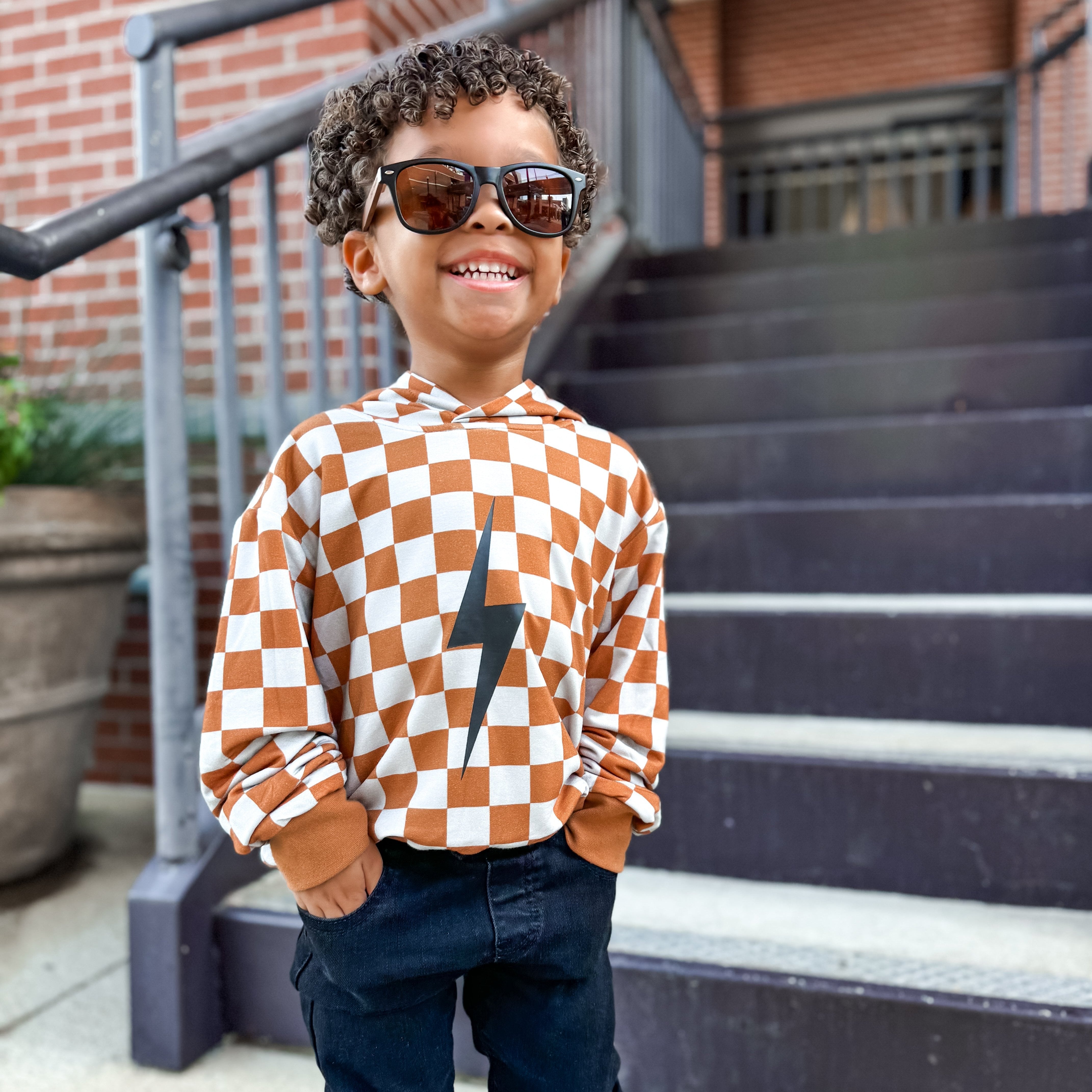 Vintage Inspired Kids Clothes, Little Rad Things, Checkered Spark Hoodie In Rust. Free US Shipping over 100. Little Trouble.