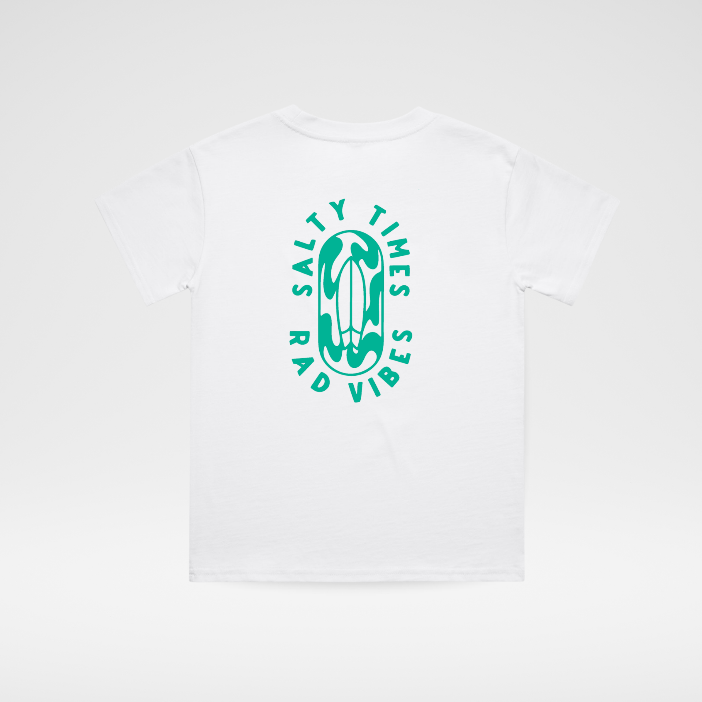 White t-shirt with teal logo on a white background