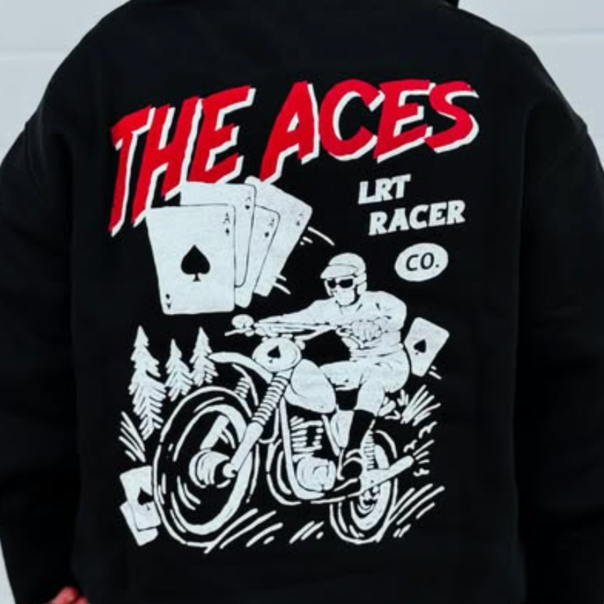 Black hoodie with 'The Aces' graphic design on the back