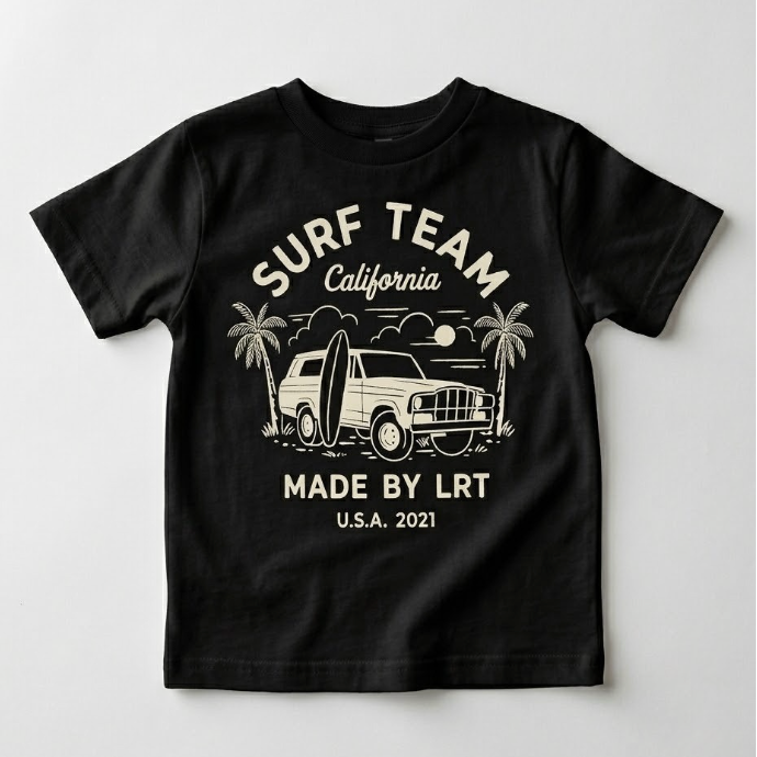 Black t-shirt with 'Surf Team California' graphic design on a white background