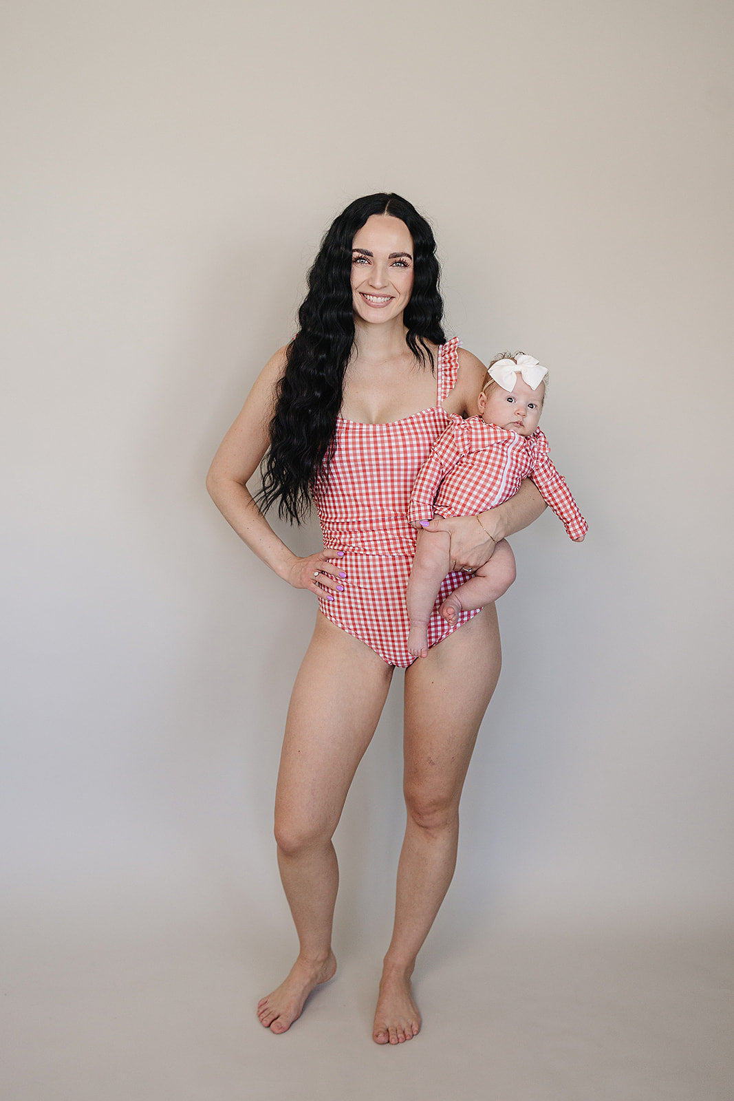 Gingham Long Sleeve Ruffle Zipper One-Piece