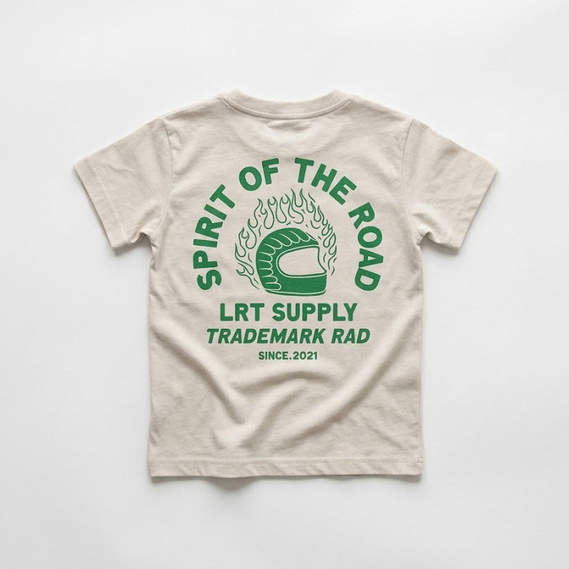 Beige t-shirt with green text and logo on a white background