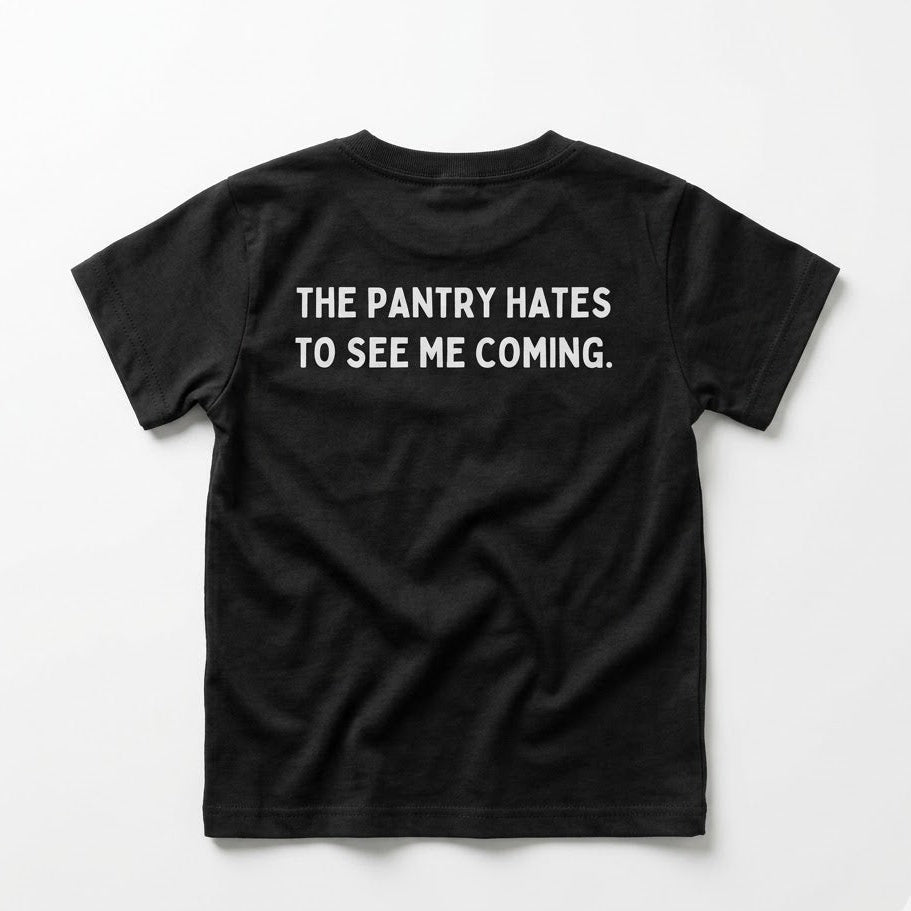 Black t-shirt with white text on a white background