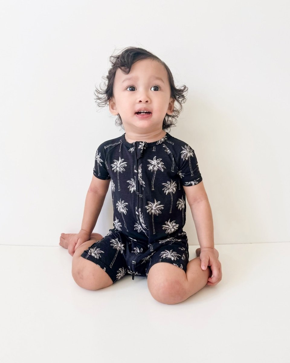 Bamboo Shorty Romper | Palm Style Black - LITTLE RAD THINGS