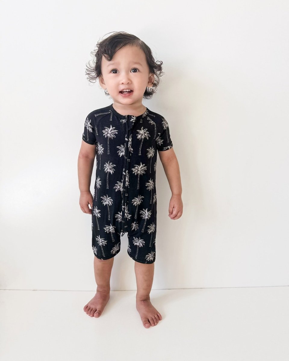 Bamboo Shorty Romper | Palm Style Black - LITTLE RAD THINGS