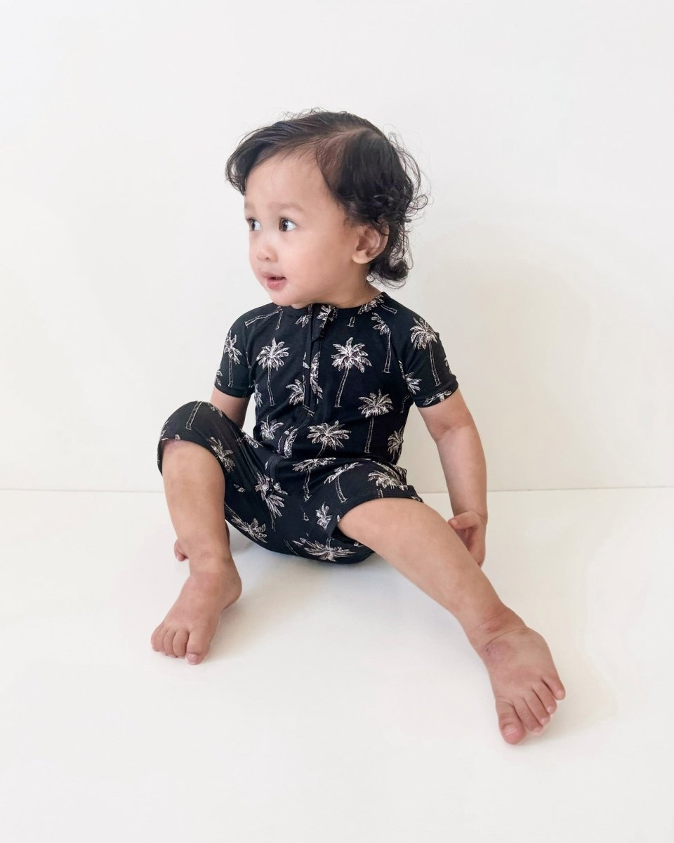 Bamboo Shorty Romper | Palm Style Black - LITTLE RAD THINGS