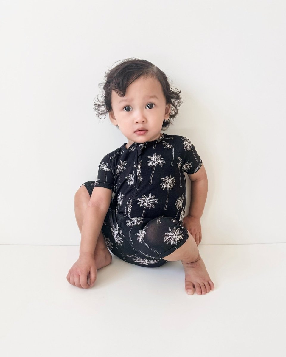 Bamboo Shorty Romper | Palm Style Black - LITTLE RAD THINGS