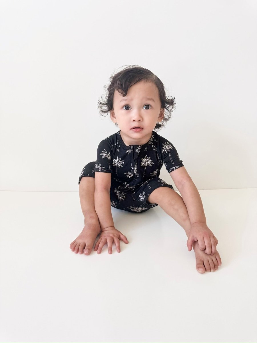 Bamboo Shorty Romper | Palm Style Black - LITTLE RAD THINGS