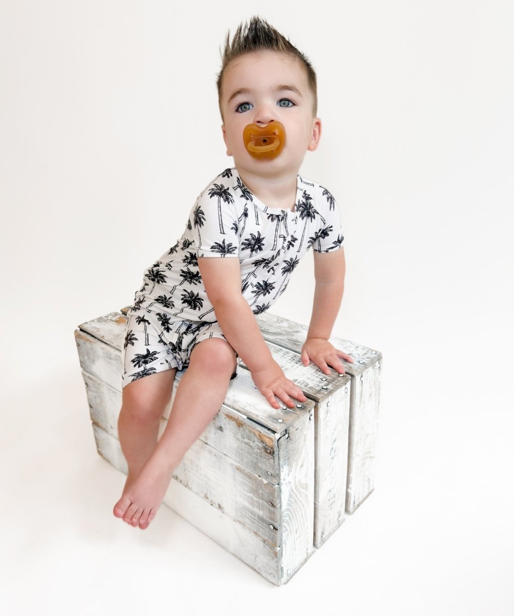Bamboo Shorty Romper | Palm Style White - LITTLE RAD THINGS