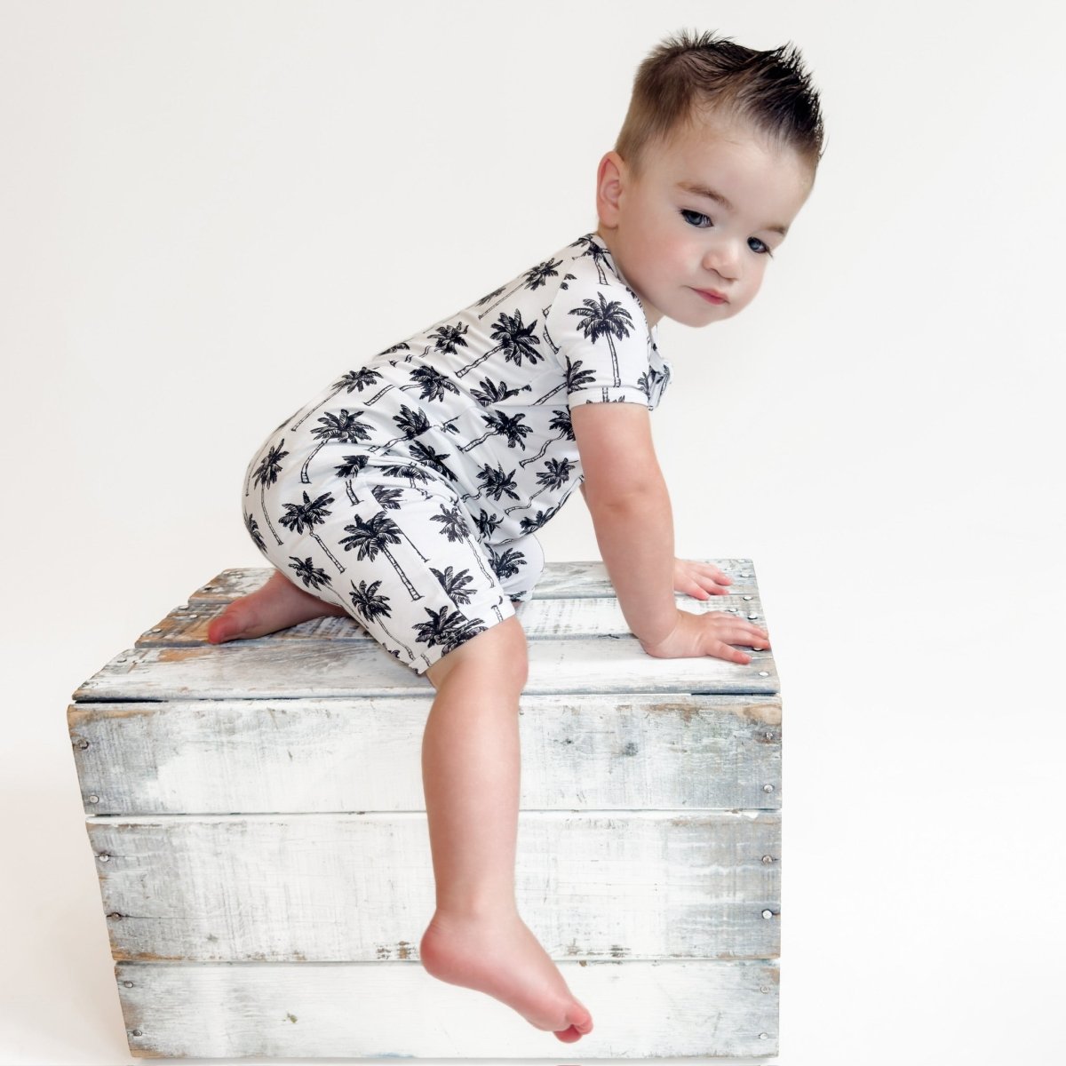 Bamboo Shorty Romper | Palm Style White - LITTLE RAD THINGS