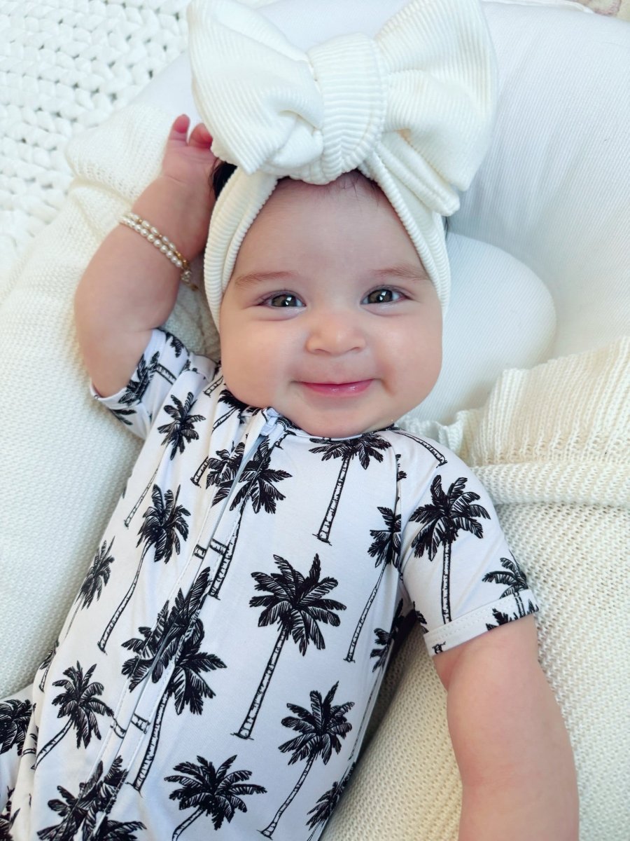 Bamboo Shorty Romper | Palm Style White - LITTLE RAD THINGS