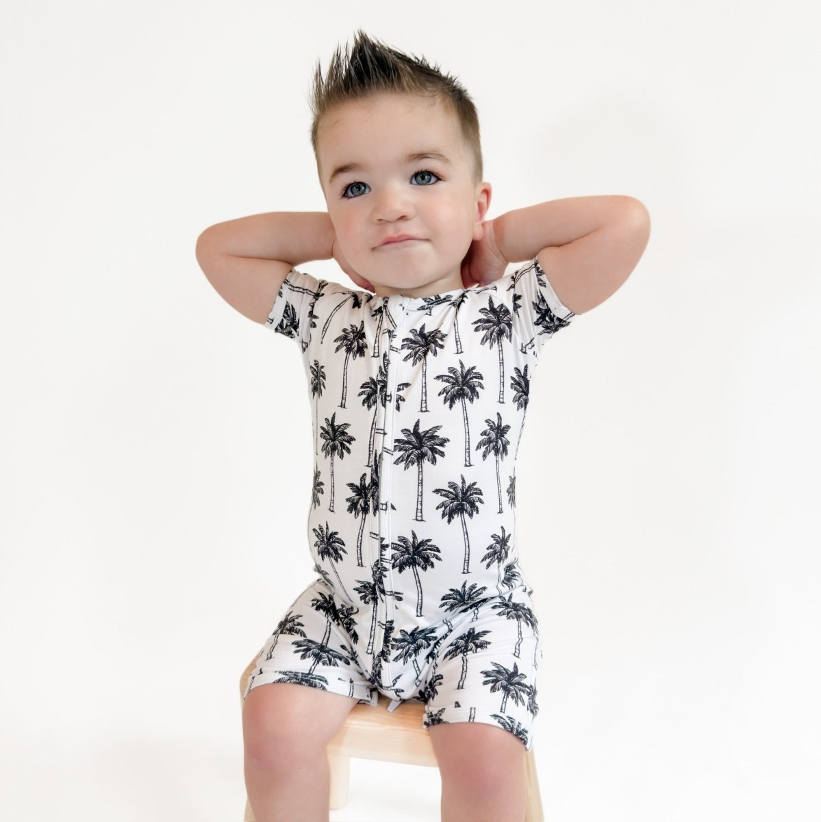 Bamboo Shorty Romper | Palm Style White - LITTLE RAD THINGS