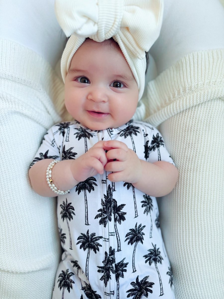 Bamboo Shorty Romper | Palm Style White - LITTLE RAD THINGS