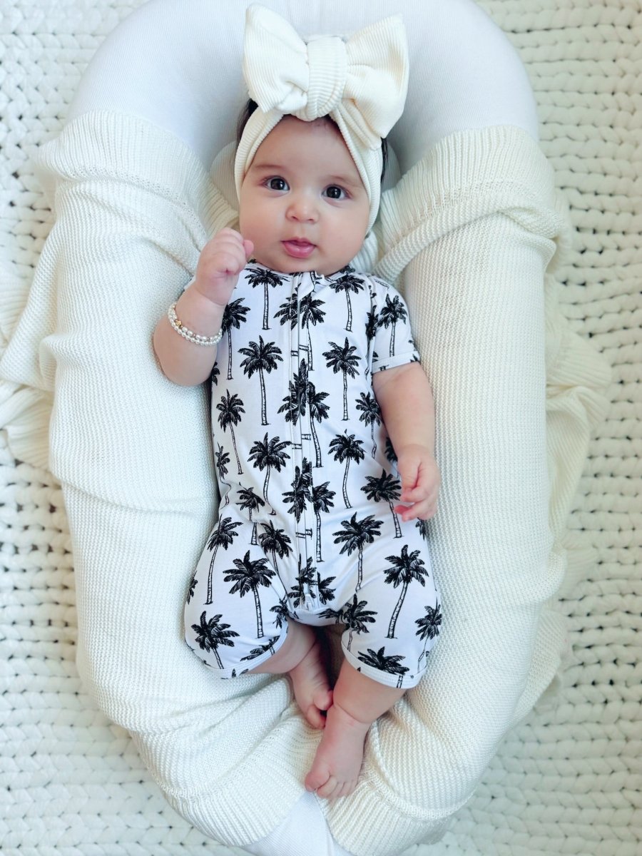 Bamboo Shorty Romper | Palm Style White - LITTLE RAD THINGS