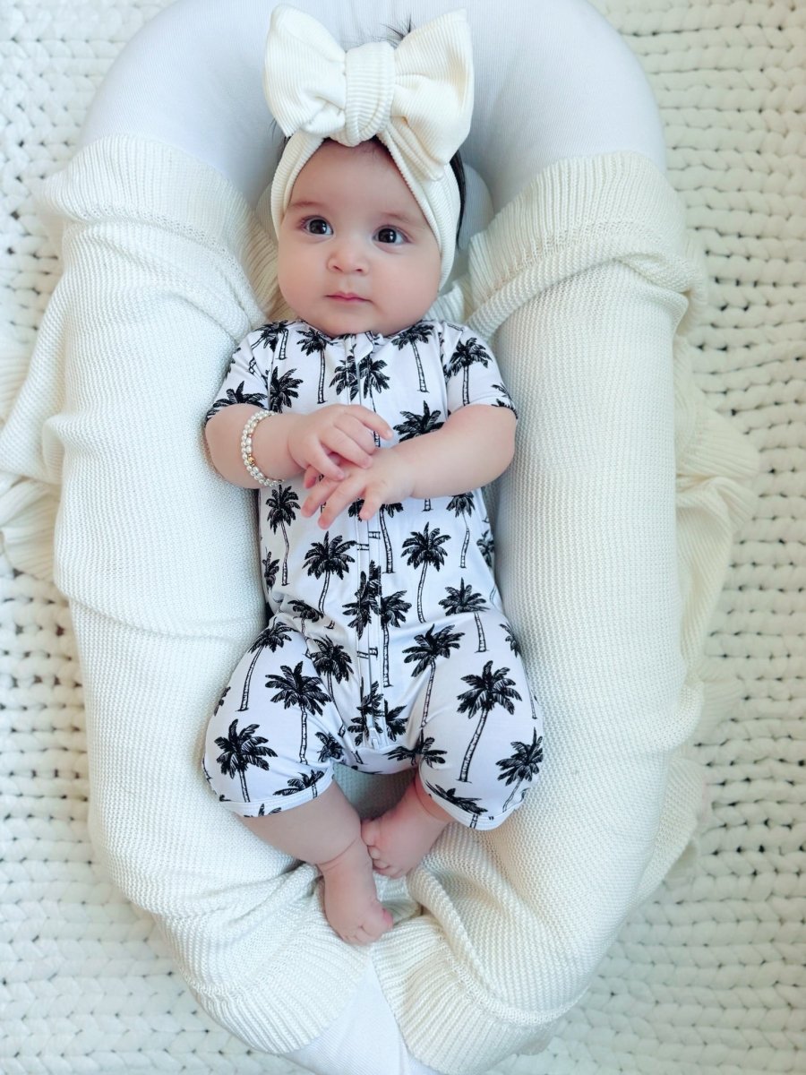 Bamboo Shorty Romper | Palm Style White - LITTLE RAD THINGS