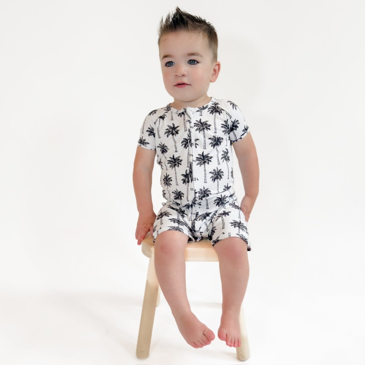 Bamboo Shorty Romper | Palm Style White - LITTLE RAD THINGS