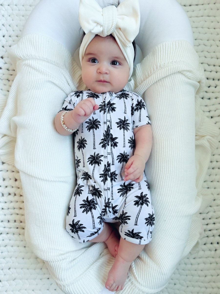 Bamboo Shorty Romper | Palm Style White - LITTLE RAD THINGS