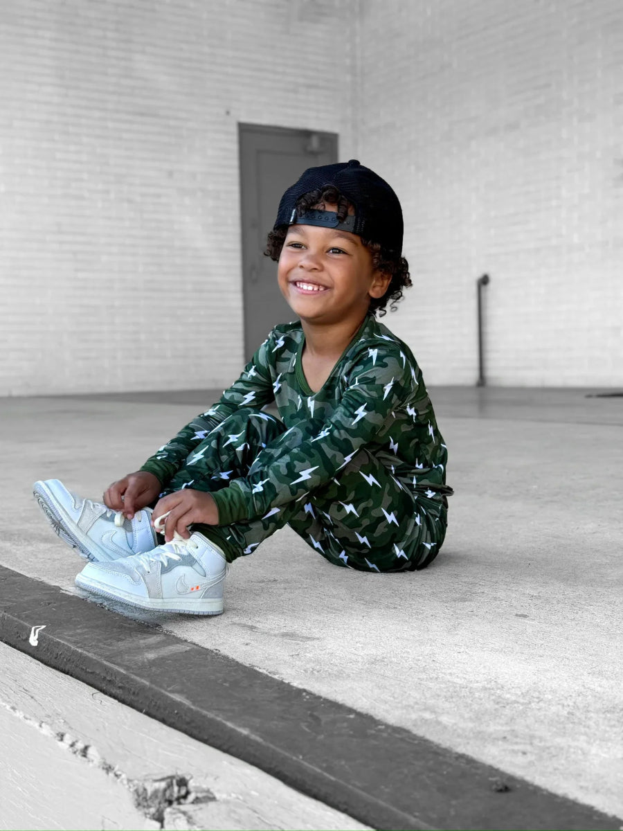 Bamboo Two Piece Set | Green Camo Bolts - LITTLE RAD THINGS