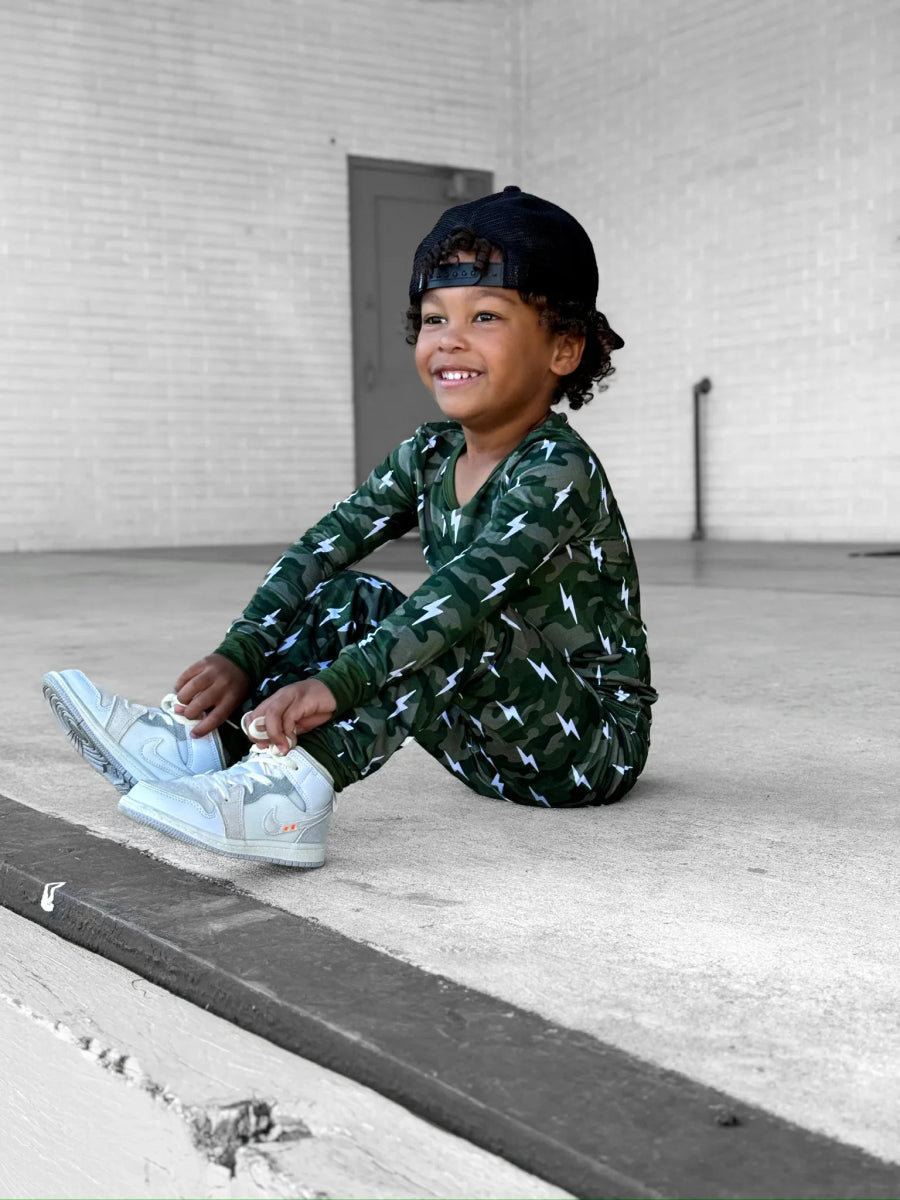 Bamboo Two Piece Set | Green Camo Bolts - LITTLE RAD THINGS