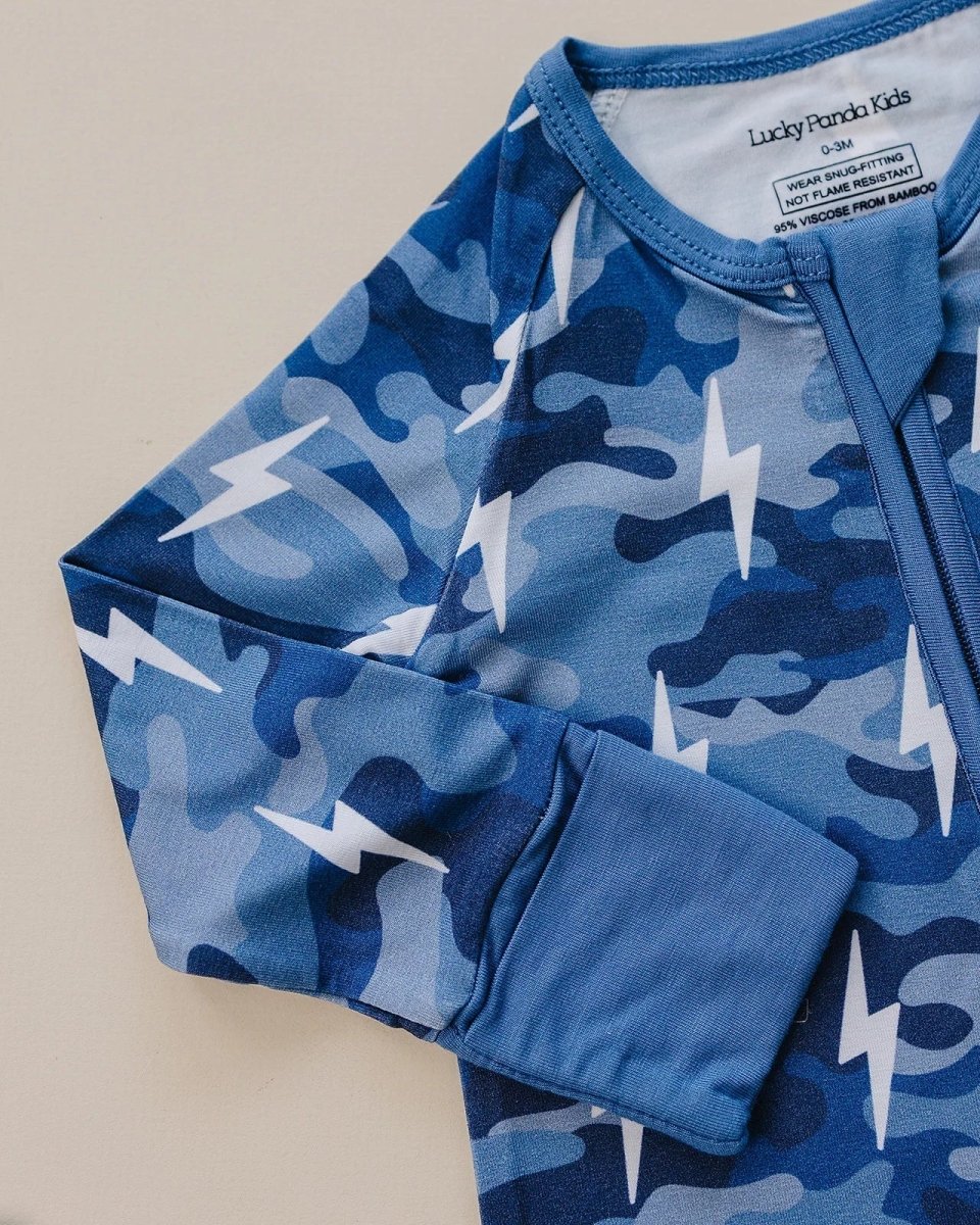 Bamboo Zip Romper | Blue Camo Bolts - LITTLE RAD THINGS