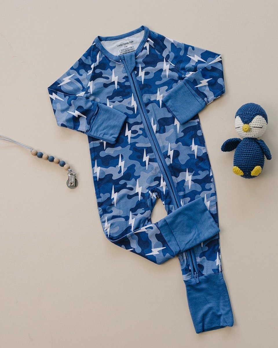 Bamboo Zip Romper | Blue Camo Bolts - LITTLE RAD THINGS