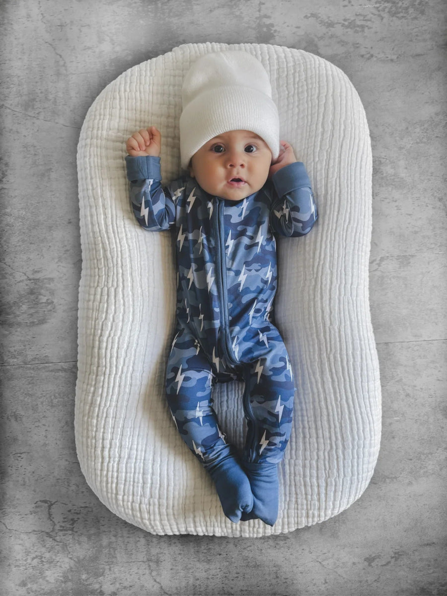 Bamboo Zip Romper | Blue Camo Bolts - LITTLE RAD THINGS