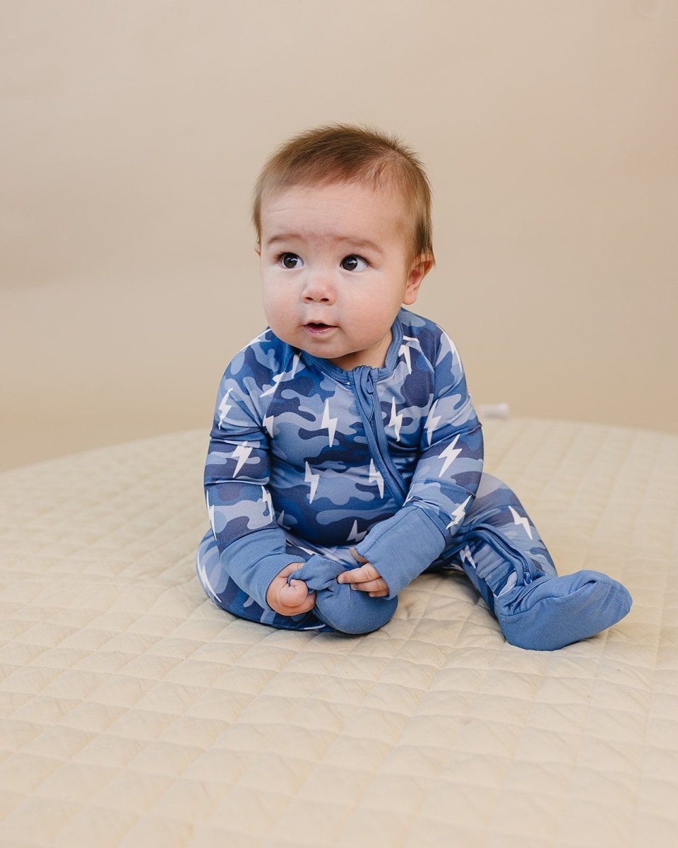 Bamboo Zip Romper | Blue Camo Bolts - LITTLE RAD THINGS