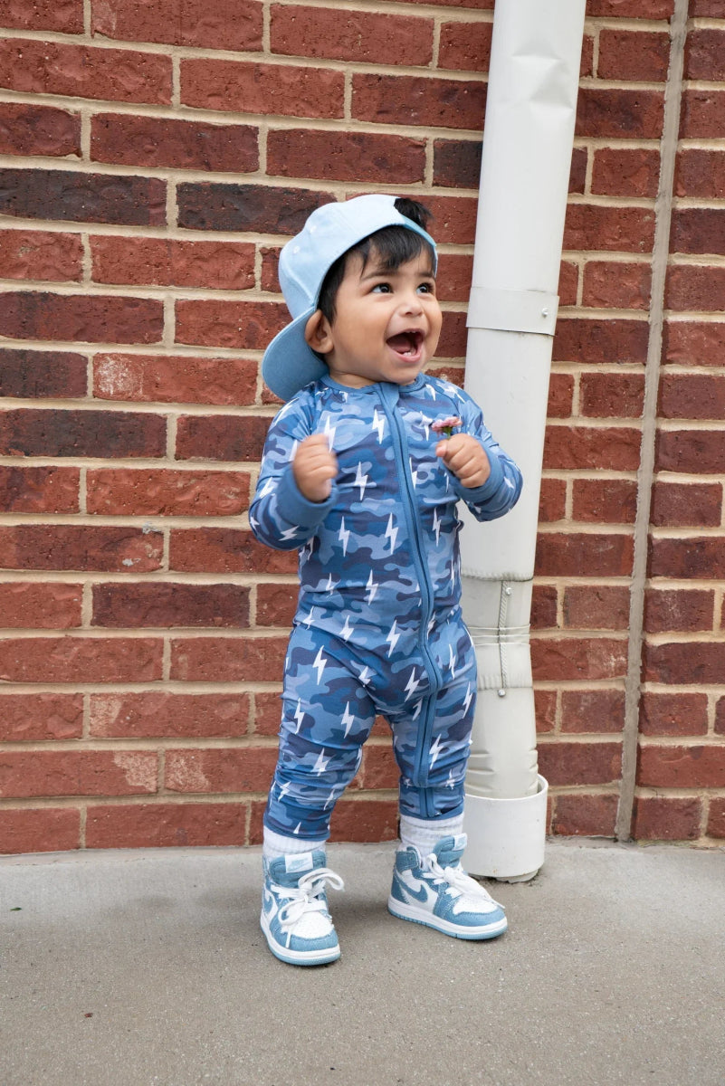 Bamboo Zip Romper | Blue Camo Bolts - LITTLE RAD THINGS