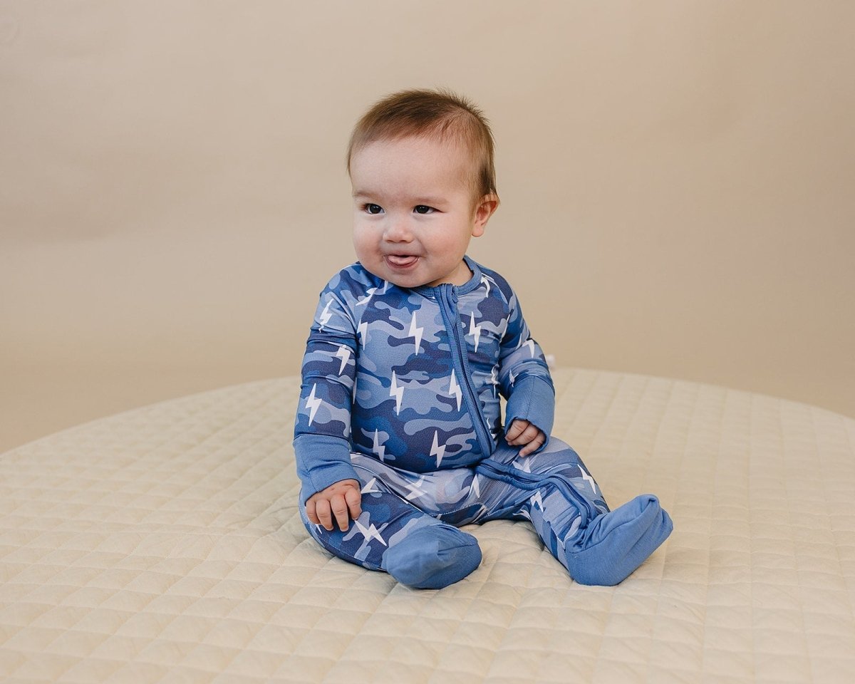 Bamboo Zip Romper | Blue Camo Bolts - LITTLE RAD THINGS