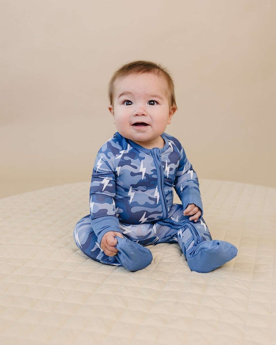 Bamboo Zip Romper | Blue Camo Bolts - LITTLE RAD THINGS