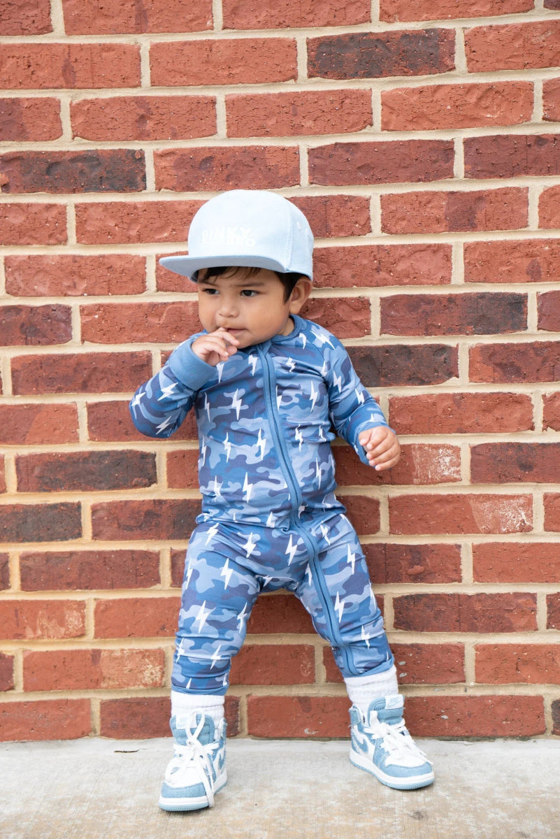 Bamboo Zip Romper | Blue Camo Bolts - LITTLE RAD THINGS