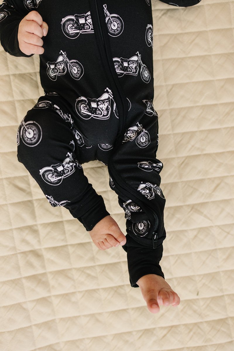 Bamboo Zip Romper | Born to Ride Black - LITTLE RAD THINGS