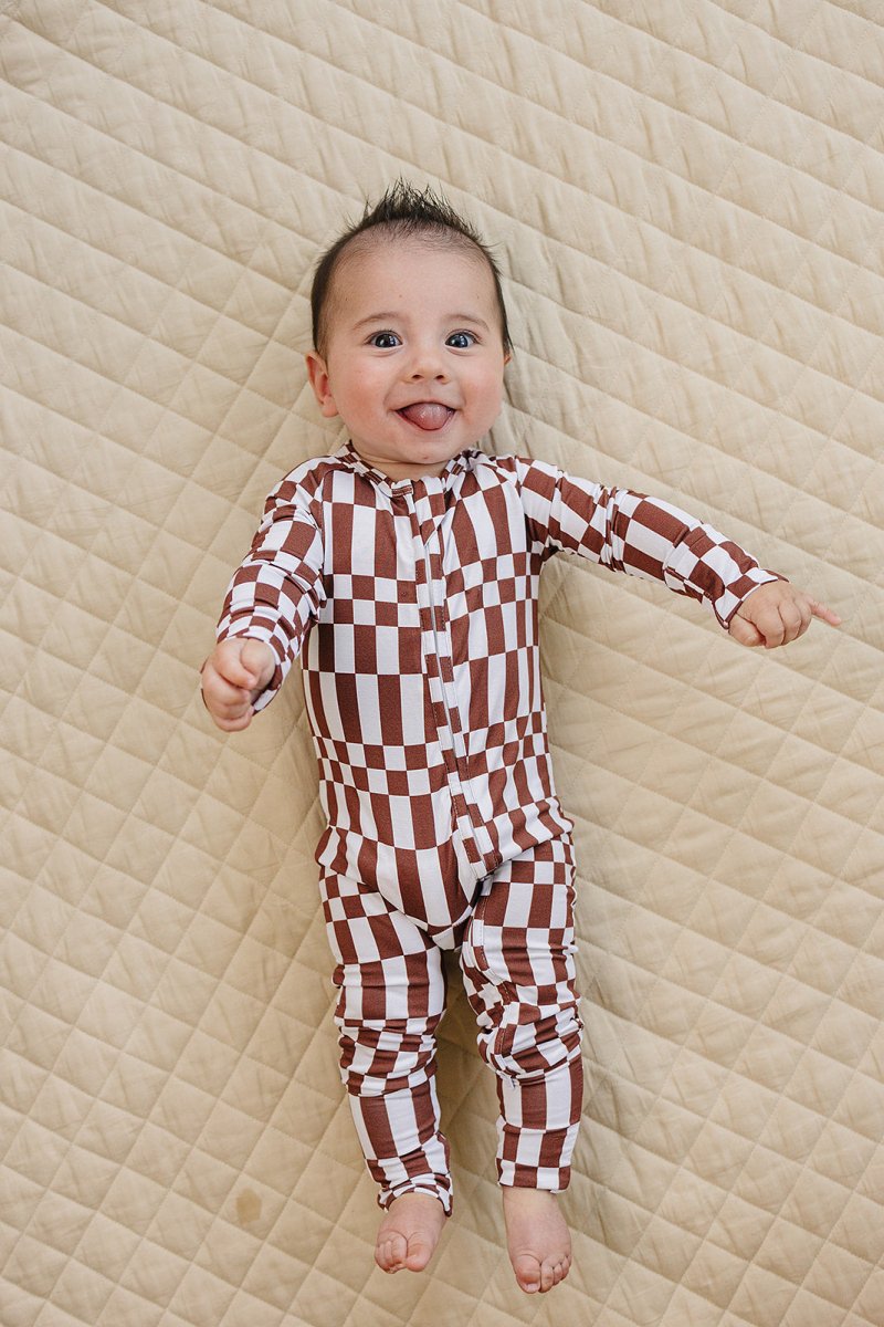 Bamboo Zip Romper | Chocolate Checkered - LITTLE RAD THINGS