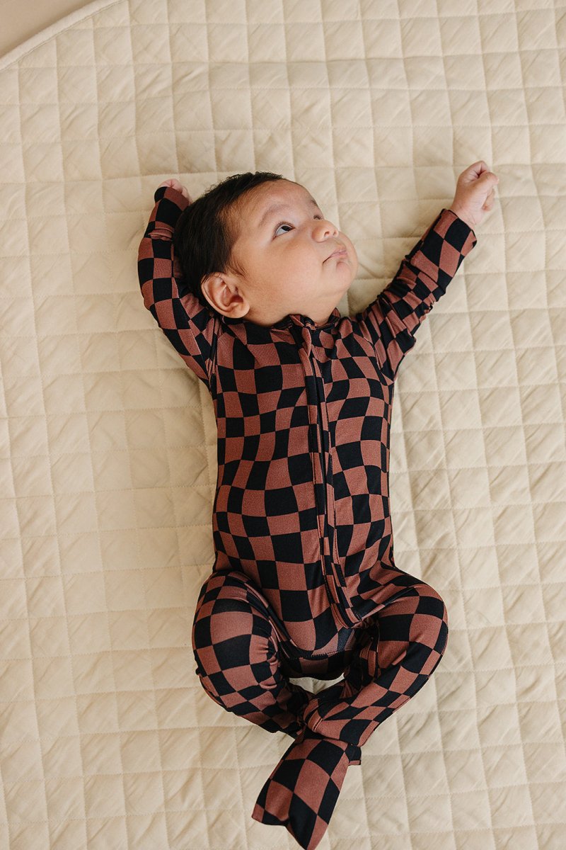 Bamboo Zip Romper | Chocolate Wavy Checkered - LITTLE RAD THINGS