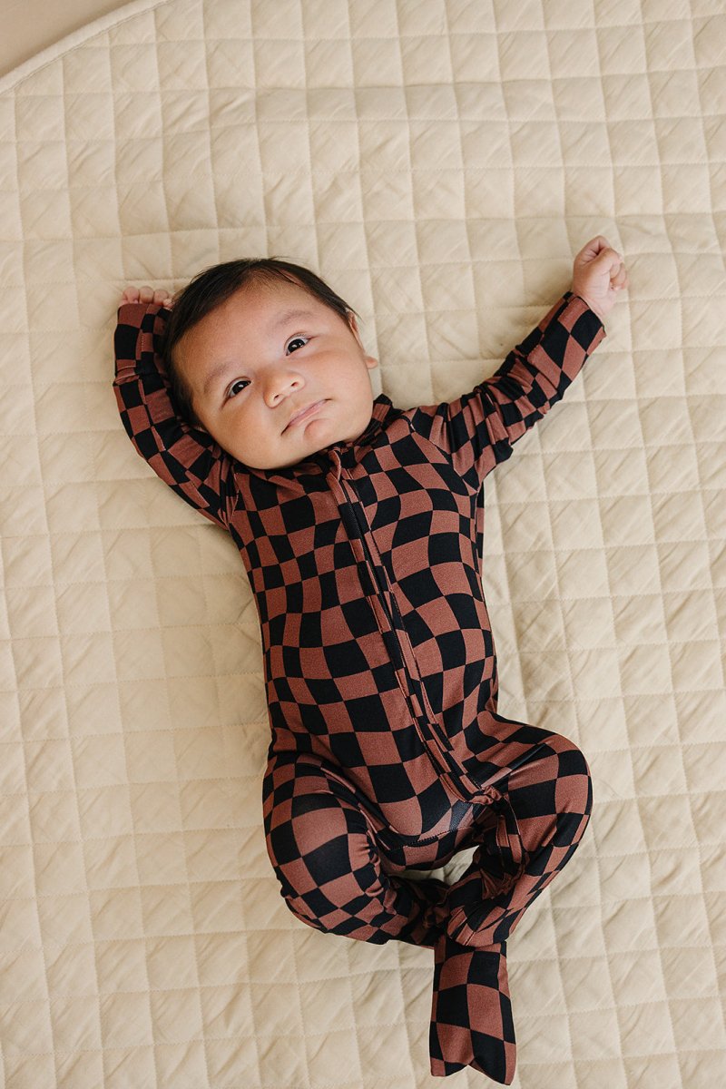 Bamboo Zip Romper | Chocolate Wavy Checkered - LITTLE RAD THINGS