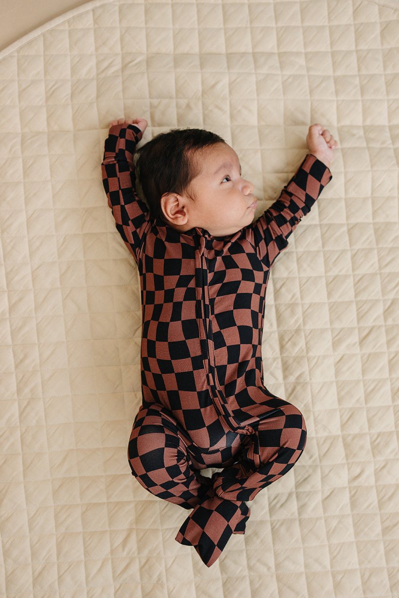 Bamboo Zip Romper | Chocolate Wavy Checkered - LITTLE RAD THINGS