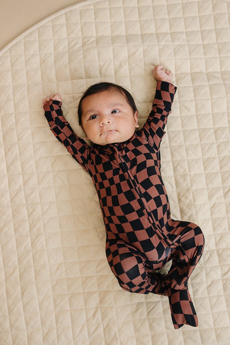 Bamboo Zip Romper | Chocolate Wavy Checkered - LITTLE RAD THINGS
