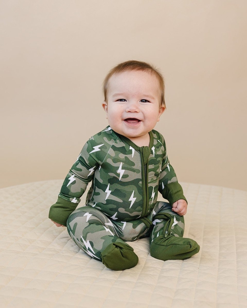 Bamboo Zip Romper | Green Camo Bolts - LITTLE RAD THINGS