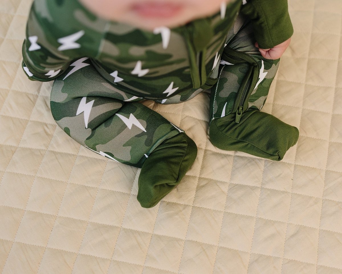 Bamboo Zip Romper | Green Camo Bolts - LITTLE RAD THINGS