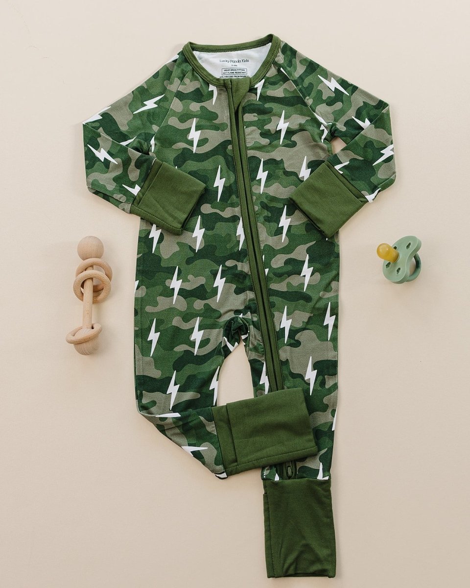Bamboo Zip Romper | Green Camo Bolts - LITTLE RAD THINGS