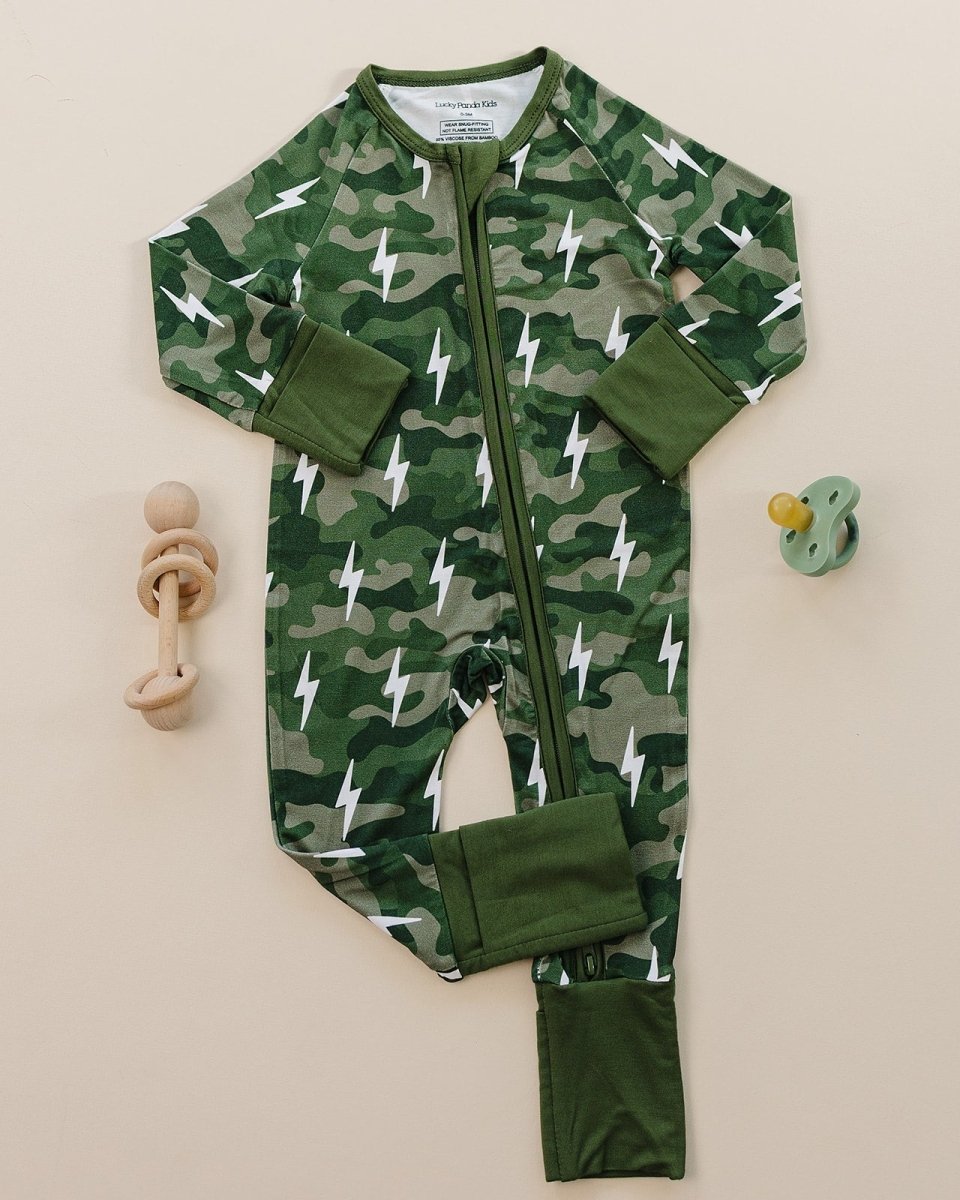 Bamboo Zip Romper | Green Camo Bolts - LITTLE RAD THINGS