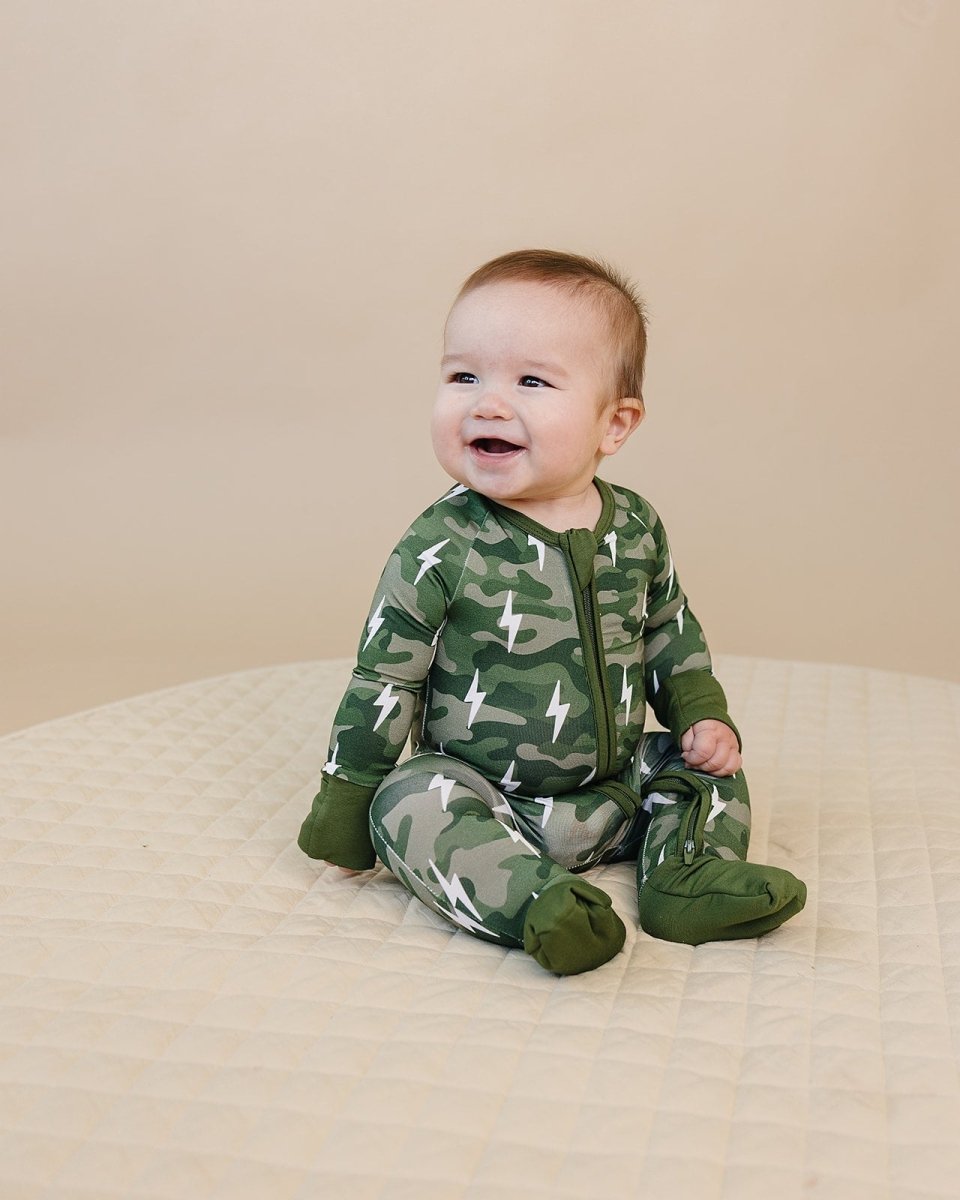 Bamboo Zip Romper | Green Camo Bolts - LITTLE RAD THINGS