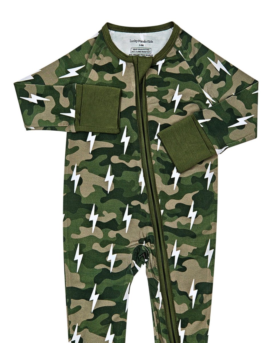 Bamboo Zip Romper | Green Camo Bolts - LITTLE RAD THINGS