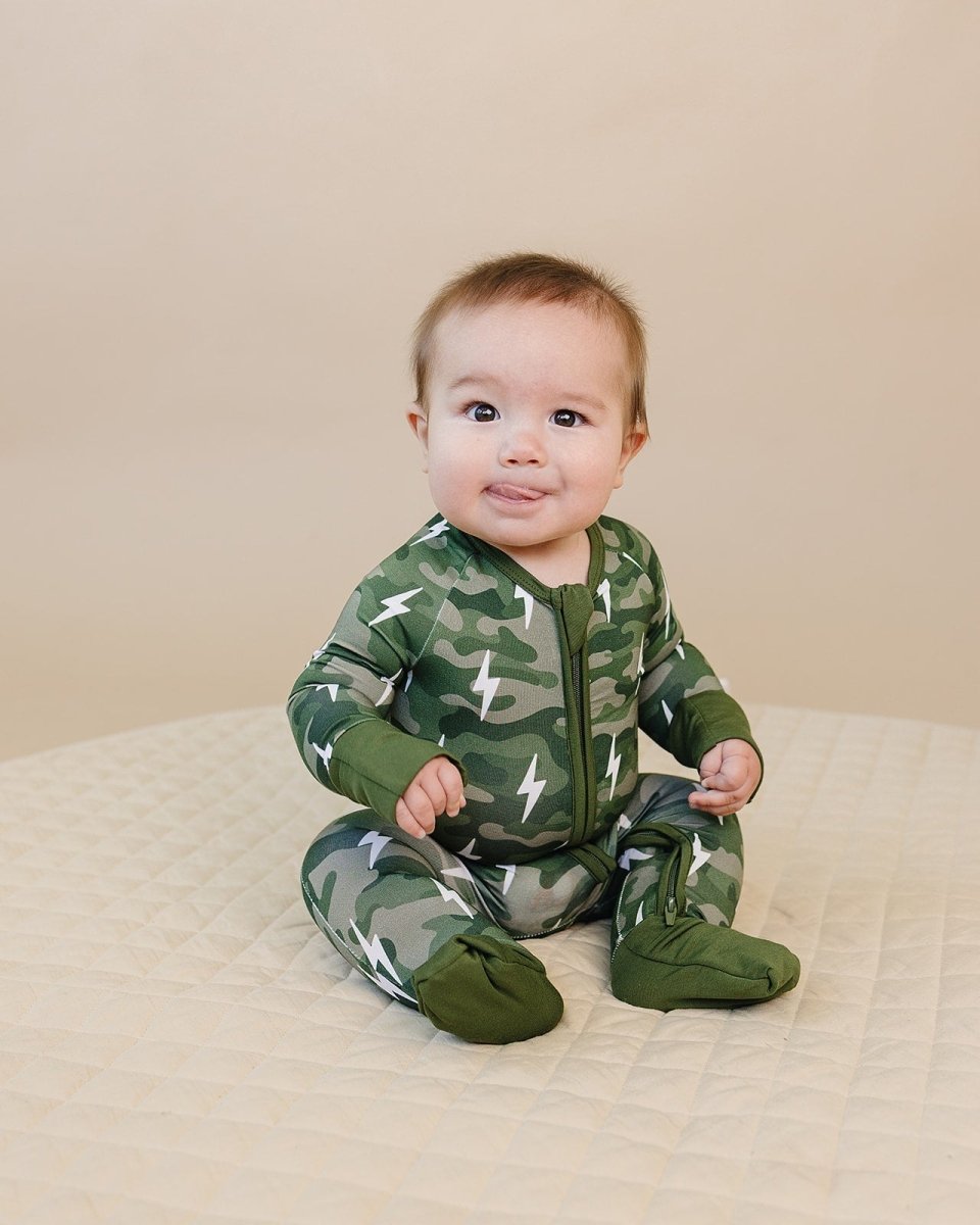 Bamboo Zip Romper | Green Camo Bolts - LITTLE RAD THINGS