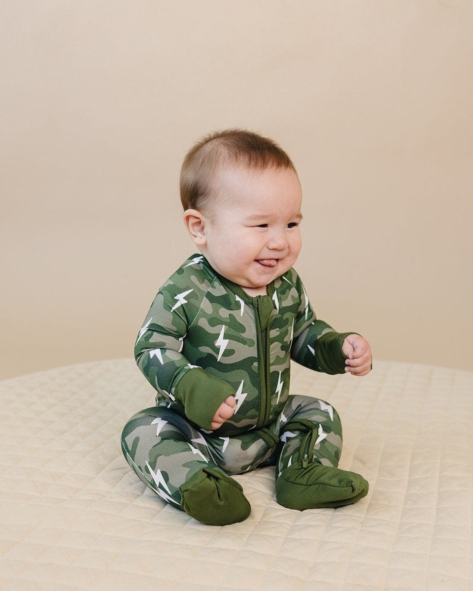 Bamboo Zip Romper | Green Camo Bolts - LITTLE RAD THINGS