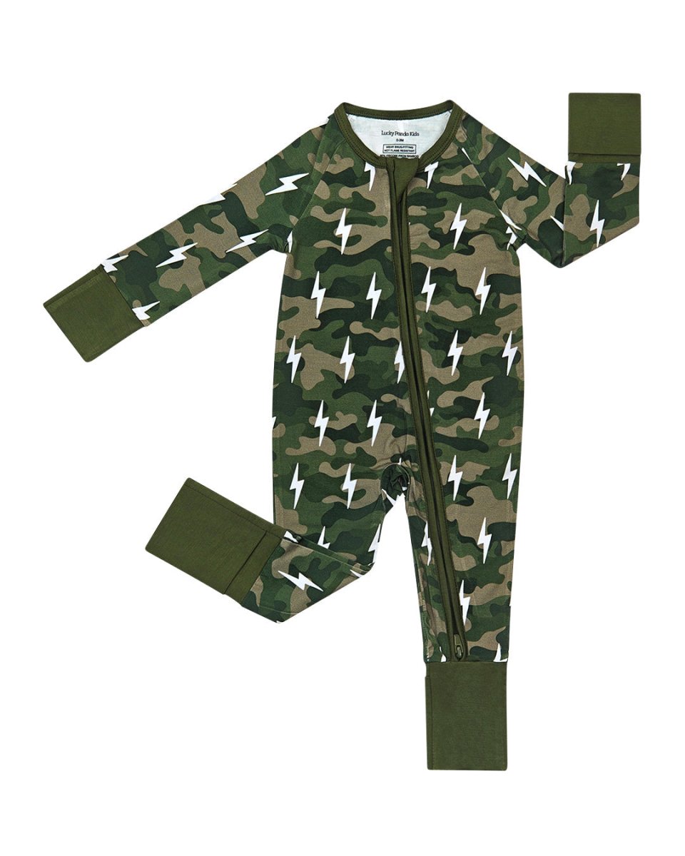 Bamboo Zip Romper | Green Camo Bolts - LITTLE RAD THINGS