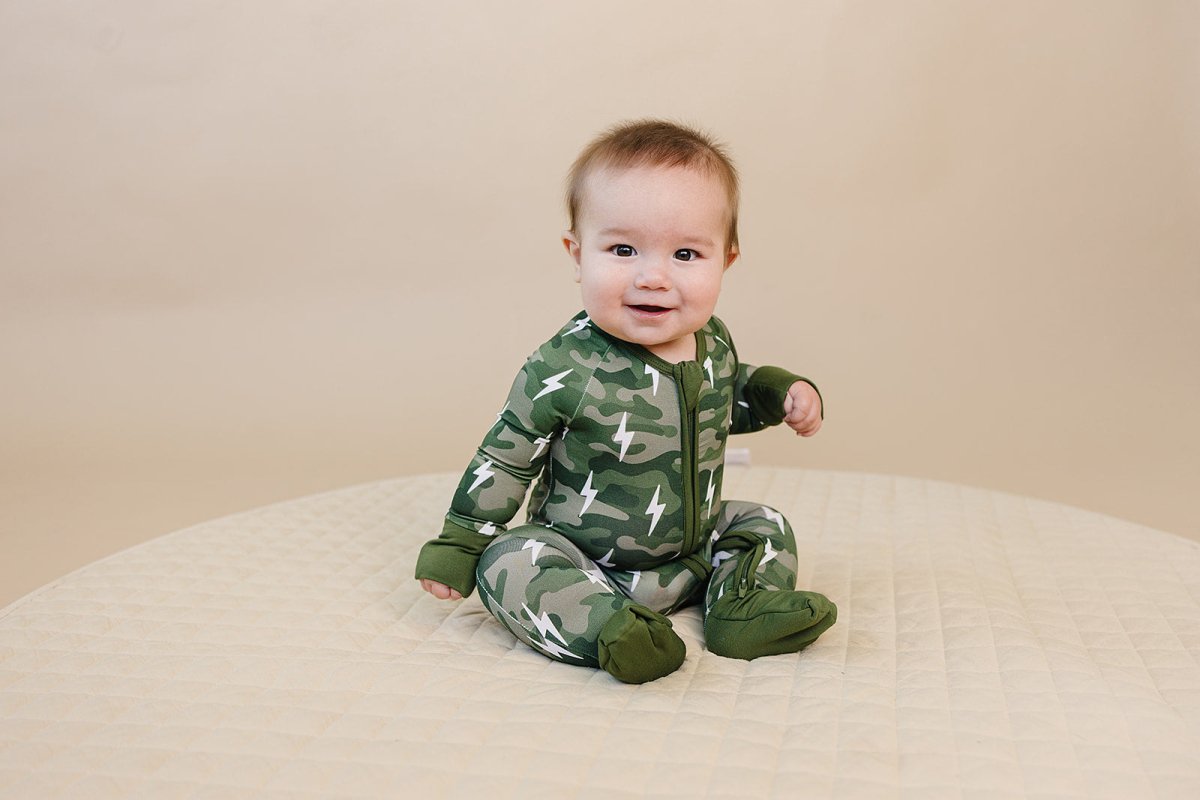 Bamboo Zip Romper | Green Camo Bolts - LITTLE RAD THINGS