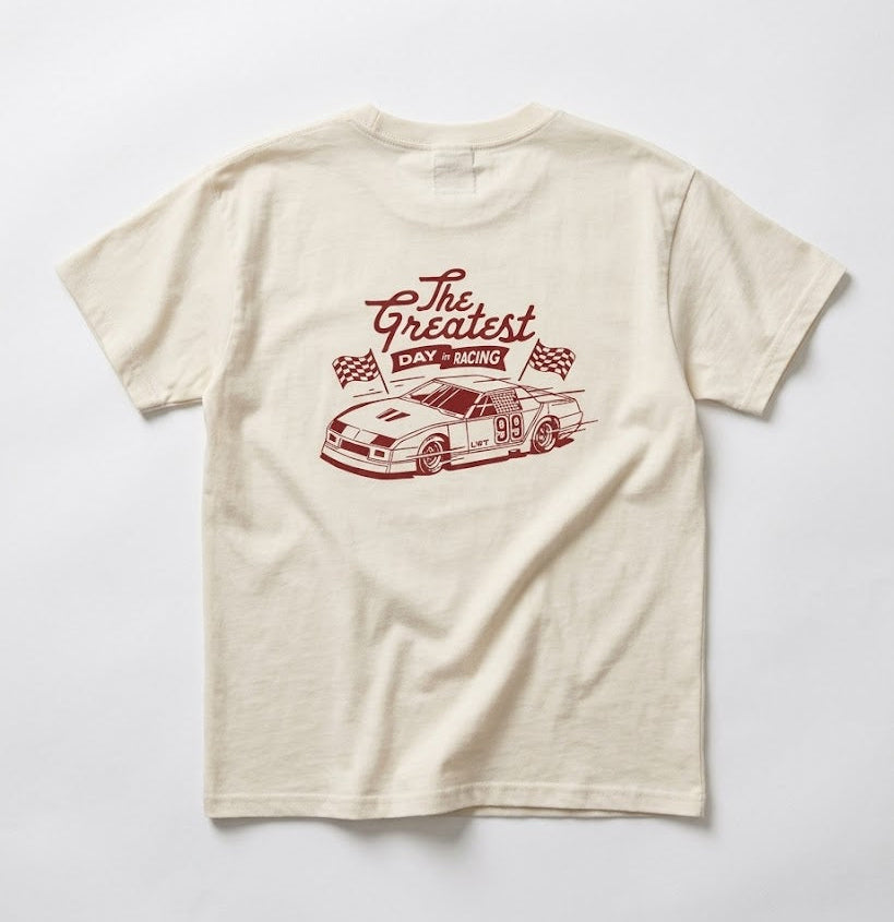 Beige t-shirt with red graphic and text on a white background